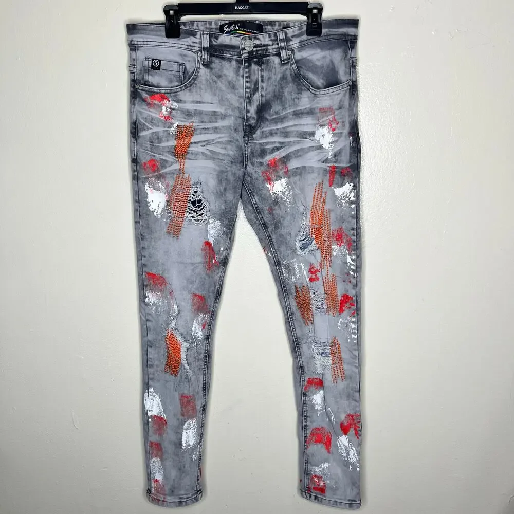 Switch Remarkable Jeans 34x30 Mens Slim Tapered Destroyed Paint Drip Streetwear